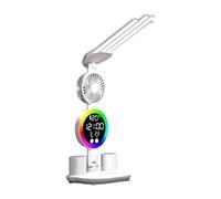 RoaQinFo Lampe de Bureau, Lampe de Lecture avec Porte-Stylo, Horloge, Date, Température, Support Lumineux Décoratif, Protection des Yeux, Lampe de Chevet Porta, avec Ventilateur