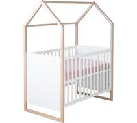 roba 2in1 Lit bébé & d'appoint Cabane en aspect maison - 60 x 120 cm - réglable en hauteur 6 fois - 5 barreaux amovibles - bicolore - bois naturel + blanc