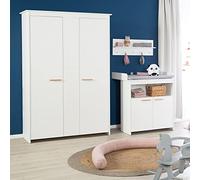 roba Armoire Bébé 2 Portes Anton - Bois Blanc - avec 2 Penderies et 4 Étagères - Fermeture Douce - Poignées en Bois de Hêtre - Meuble de Rangement pour Chambre d'enfant