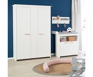 roba Armoire Bébé 2 Portes Anton - Bois Blanc - avec 2 Penderies et 4 Étagères - Fermeture Douce - Poignées en Bois de Hêtre - Meuble de Rangement pour Chambre d'enfant
