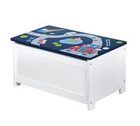 Roba Banc-coffre à jouets Rennfahrer en bois – assise avec rangement, fermeture douce – blanc/bleu