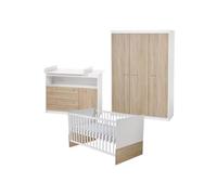 roba Chambre Bébé Complète Gabriella - Lit Évolutif 70 x 140 cm + Commode à Langer + Armoire 3 Portes - Blanc / Décor Bois