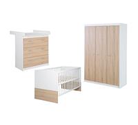roba Chambre Bébé Complète Gabriella - Lit Évolutif 70 x 140 cm + Commode à Langer Étroit + Armoire 3 Portes - Blanc/Décor Bois