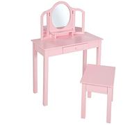 roba Coiffeuse Enfant Fille en Bois avec 3 Miroirs et Tabouret avec Coffre de Rangement - Rose