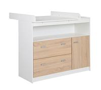 roba Commode à Langer "Gabriella" avec Plan Amovible - 2 Tiroirs 1 Porte et 1 Compartiment - Fermeture Douce - Blanc/Décor Bois