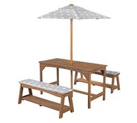 roba Ensemble de sièges pour enfants Outdoor+ avec 1 table, 2 bancs, Little Stars parasol & coussins d'assise, bois massif teck