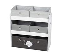 roba Étagère pour Jouets Enfant en Bois Rakete - 5 Paniers en Tissu Amovibles - Meuble de Rangement pour les Jouets - 64 x 30 x 60 cm - Motif Fusée - Gris / Noir