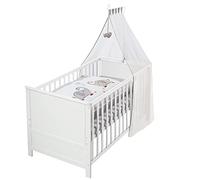 roba Lit Bébé Évolutif Complet Jumbotwins 70 x 140 cm - Réglable en Hauteur et Convertible - Équipement Textile : Matelas + Ciel + Linge - Bois Blanc