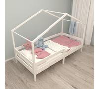 roba Lit cabane 90 x 200 cm - Lit pour enfants selon le principe Montessori - Extensible avec sommier à lattes et housse de lit cabane - Barrière de protection intégrée - Bois laqué blanc