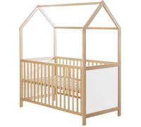 ROBA Lit Cabane Bébé Évolutif 70x140 cm - Convertible en Lit Junior et en Banc - Hauteur Réglable - Bois Laqué Blanc / Naturel