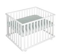 roba Parc Bébé en Bois 75 x 100 cm + Tapis de Parc roba Style Vert Givré - Base Ajustable en Hauteur sur 3 Niveaux - Roulettes avec Freins - Laqué Blanc