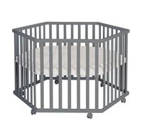 Roba Parc Bébé Hexagonal - Avec Tapis Grège En Cuir Pu Hydrofuge + 6 Roulettes À Freins - Hauteur Réglable - Bois Anthracite Noir
