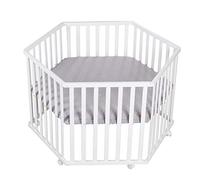 Roba Parc bébé Roba Style – Hexagonal, 3 positions, tapis déperlant gris, 6 roulettes, bois blanc