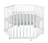 roba Parc Bébé Hexagonal en Bois + Tapis de Parc roba Style Vert Givré - Hauteur Ajustable sur 3 Niveaux - 6 Roulettes avec Freins - Laqué Blanc