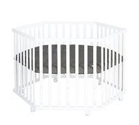 Roba Parc hexagonal bébé blanc, roulettes, tour matelassé Graphite cuir végan, barrière réglable