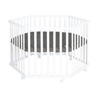Roba Parc hexagonal bébé blanc, roulettes, tour matelassé Graphite cuir végan, barrière réglable