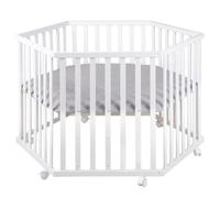Roba Parc bébé Roba Style – Hexagonal, 3 positions, tapis déperlant gris, 6 roulettes, bois blanc
