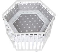 roba Parc, hexagonal, avec tapis de protection 'Little Stars' & roulettes, bois blanc