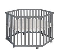 roba Parc hexagonal en bois anthracite - parc pour bébé mobile avec roulettes et tour de protection matelassée “Greyish” en cuir végan - barrière de sécurité réglable en hauteur