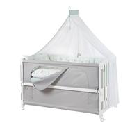 roba Room Bed 60 x 120 cm Woodland Buddies - Lit d'appoint réglable en hauteur - Matelas, linge de lit, ciel & set de roulettes inclus - Blanc / Vert clair