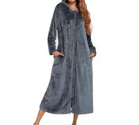 Robe De Chambre Capuche avec Zipper, Peignoir De Bain Femme Polaire Unie, Chemise De Nuit Grande Taille à Manches Longues, Chaud Et Confortable VêTements De Nuit Femme Automne Hiver