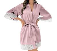 Robe de chambre femme légère courte en satin, peignoir blanc en soie avec dentelle sexy, pyjama avec ceinture, vêtement de nuit, col en V, pour mariée, fête, kimono manches longues, peignoir en satin