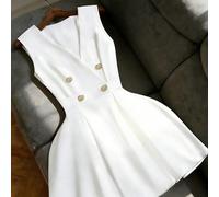 Robe de travail ample à col V sans manches, à double boutonnage, avec taille cintrée et coupe évasée 0XL,1XL,2XL,3XL,4XLUnicoloreTissu tissé