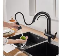 Robinet 3 Voies avec Douchette Extractible & Sortie Eau Filtrée, Robinet de Cuisine à Double Poignée Acier Inoxydable Rotation à 360