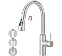 Robinet à haute pression avec 3 jets d'eau, douchette extractible, mitigeur monocommande, robinet à haute pression, robinet d'évier, pivotant à 360°, en acier inoxydable brossé mat