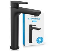 Robinet Bächlein haut pour salle de bain, design classique, mitigeur monocommande extra haut pour vasque à poser avec kit de montage, robinetterie de salle de bain noir