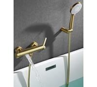 Robinet Baignoire Or Brossé avec Douchette, Mitigeur Baignoire Cascade | Cascade Robinet de Baignoire Mural, Résistant à la Rouille Laiton, Eau Chaude et Froide, Douchette 3 Fonctions, 150cm Tuyau