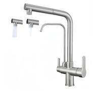 Robinet Cuisine 3-en-1 Douchette Mitigeur 3 Voies Laiton Massif Nickel | Integrated drinking water filter for RO systems. Solid brass, brushed nickel finish. 3-way mixer sink faucet.