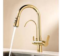 Robinet Cuisine 3 Voies avec Douchette Extractible Purification de L'Eau Eau Froide et Chaude Rotation Robinet Osmoseur 3 Voies Laiton-Or
