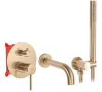 Rea ROBINET DE BAIGNOIRE ENCASTRÉ Lungo Gold Brush + Box Mitigeur Baignoire avec Douchette en Laiton pour Salle de Bain Chaude et Froide Réglable (Or brossé)