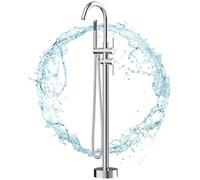 Robinet de baignoire sur pied - Robinet mélangeur pour baignoire - Robinet au sol - Robinet de douchette à main - Robinet à col de cygne - Finition chromée