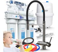 Robinet de cuisine 3 voies Ari HighFlex avec douchette extractible et bec pivotant, raccord pour filtre à eau, graphite, laiton
