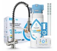 Robinet de cuisine 3 voies Ari, modèle Solid Spring, en acier inoxydable, avec douchette extractible. Livré avec le système de filtration d'eau Dafi D1 et l'unité de montage sous évier