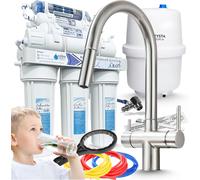 Robinet de cuisine 3 voies Ari Slender avec douchette extractible, raccord pour filtre à eau, inox brossé, système RO7 7 étapes