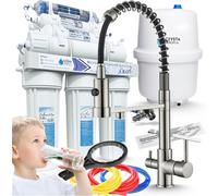 Robinet de cuisine 3 voies Ari Solid Spring avec filtre à eau RO7, double bec pivotant, inox brossé, 7 niveaux de filtration