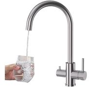 Robinet de Cuisine 3 Voies, DETBOM Mitigeur pour Systèmes à Osmose Inverse, 3 en 1 à Double Levier pour Eau Potable, Chaude et Froide, Robinet d'Évier Pivotant à 360°, Acier Inoxydable, Argent Brossé