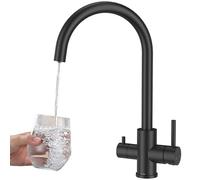 Robinet de Cuisine 3 Voies, DETBOM Mitigeur pour Systèmes à Osmose Inverse, 3 en 1 à Double Levier pour Eau Potable, Chaude et Froide, Robinet d'Évier Pivotant à 360°, Acier Inoxydable, Noir Mat