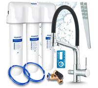 Robinet de cuisine 3 voies, flexible, chromé, avec douchette extractible. Livré avec un système de filtration d'eau Aquaphor Kristall A