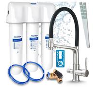 Robinet de cuisine 3 voies, flexible, en acier inoxydable, avec douchette extractible. Livré avec un système de filtration d'eau Aquaphor et un système d'installation sous l'évier