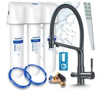 Robinet de cuisine 3 voies, flexible, noir mat, mitigeur extractible. Livré avec un système de filtration d'eau Aquaphor et un système de montage sous évier