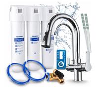 Robinet de cuisine 3 voies Nordic, chromé, avec douchette extractible. Livré avec le système de filtration d'eau Aquaphor Kristall H, pivotant à 360°