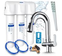 Robinet de cuisine 3 voies Nordic, chromé, avec douchette extractible. Livré avec un système de filtration d'eau Aquaphor Kristall et un boîtier de filtration sous l'évier