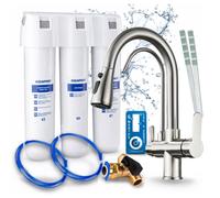 Robinet de cuisine 3 voies Nordic, en acier inoxydable, avec douchette extractible. Livré avec un système de filtration d'eau Aquaphor, pivotant à 360°