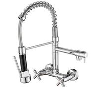 Robinet de cuisine à fixation murale - 8 pouces, douchette extractible, 2 jets,à une main, bec recourbé vers le haut, chrome