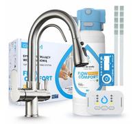 Robinet de cuisine Ari 3 voies, modèle Nordic, en acier inoxydable, avec douchette extractible. Livré avec le système de filtration d'eau Dafi D1 et l'unité de montage sous évier