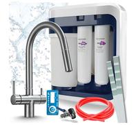 Robinet de cuisine Ari 3 voies, modèle Slender, couleur graphite, avec douchette extractible. Livré avec le système de filtration d'eau Aquaphor Ro-202S Pro
